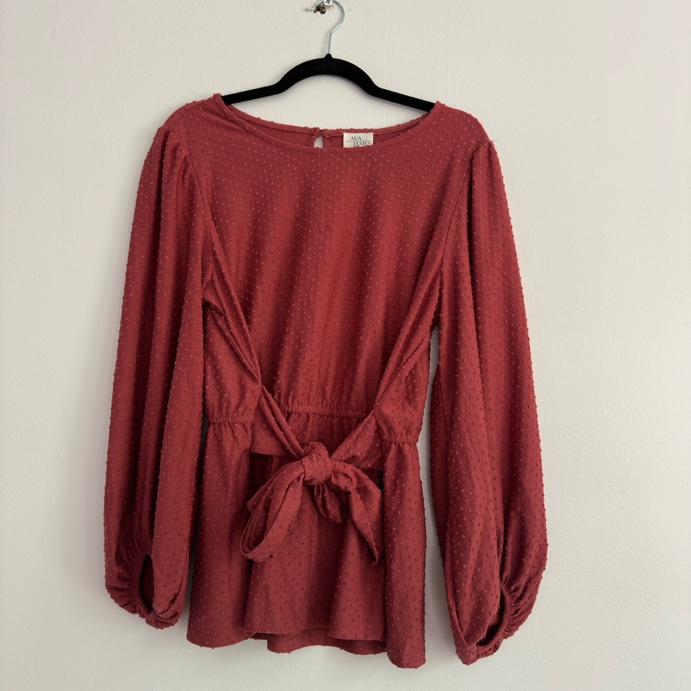Ava James Rust Swiss Dot Tie Front Balloon Sleeve Blouse 1X